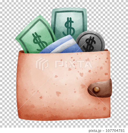 Isolated cute wallet with money and card for shopping in watercolor style Isolated cute wallet with money and card for shopping in watercolor style 107704781