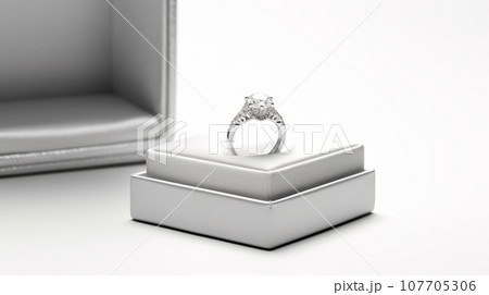A diamond engagement ring in a white jewelry box on a gray background. This image portrays a romantic and elegant proposal. The ring is sparkling and beautiful, with a large round diamond and smaller A diamond engagement ring in a white jewelry box on a gray background. This image portrays a romantic and elegant proposal. The ring is sparkling and beautiful, with a large round diamond and smaller 107705306