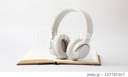 A pair of white headphones on an open book on a white background. The headphones are over-ear style with a white headband and ear cushions. The book is open and resting on a white surface. The 107705307
