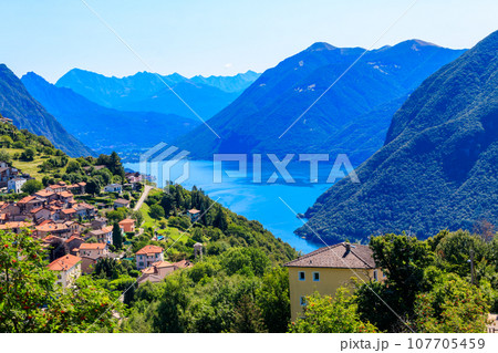Scenic view of lake Lugano from Monte Bre mountain in Ticino canton, Switzerland 107705459