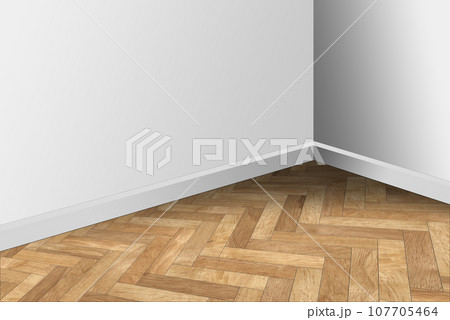 Corner of a Room with Herringbone Wooden Parquet and White Walls 107705464