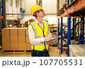 Warehouse workers talking together checking goods in storage 107705531