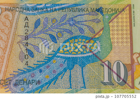 Macro shot of ten macedonian denar banknote Macro shot of ten macedonian denar banknote 107705552