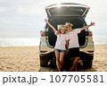 Family travel on beach, Family with car road trip at sea on summer 107705581