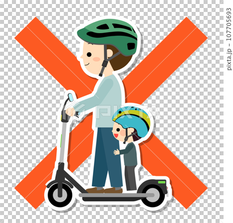 A parent and child riding for two on an electric kickboard A parent and child riding for two on an electric kickboard 107705693