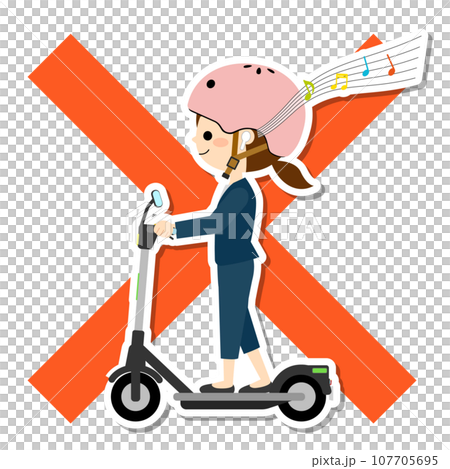 A woman riding an electric scooter while listening to music 107705695
