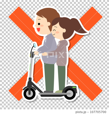 電動キックボードで二人乗りをしているカップル　ヘルメットなし 107705700