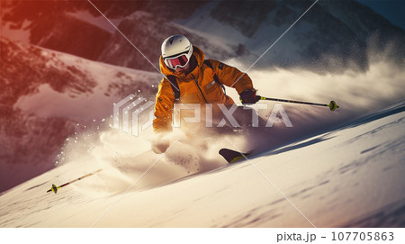 スキーでパウダースノーを楽しむ skiing powder snow AI生成画像 107705863