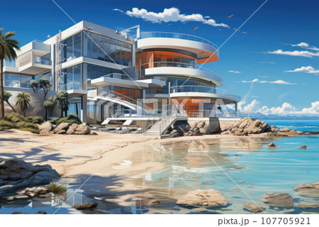 Modern spa hotel by the sea or ocean for summer holidays and vacations Modern spa hotel by the sea or ocean for summer holidays and vacations 107705921