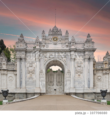 Entrance of Ottoman Dolmabahce Palace, Besiktas district, Istanbul, Turkey. View from the internal court Entrance of Ottoman Dolmabahce Palace, Besiktas district, Istanbul, Turkey. View from the internal court 107706080