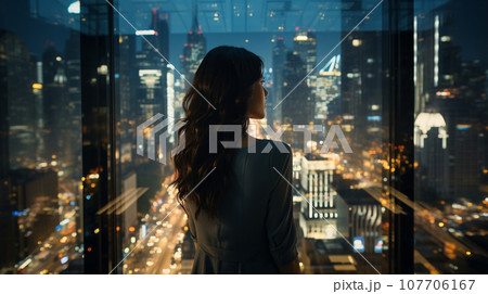 高層ビルにあるオフィスから見たビル群の夜景