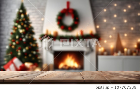 Christmas table with blurred fireplace backdrop 107707539