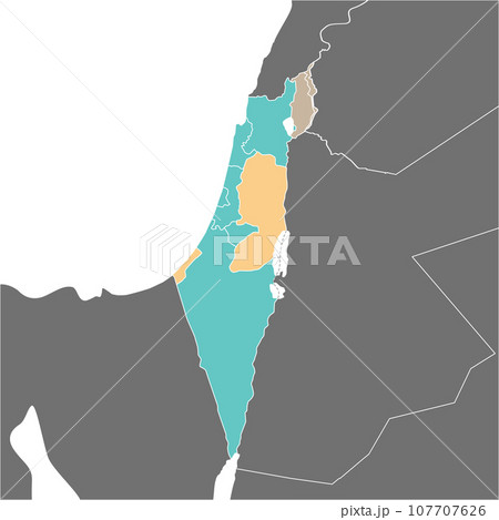 イスラエルの各地区とパレスチナ自治区、ゴラン高原の地図、周辺国 107707626