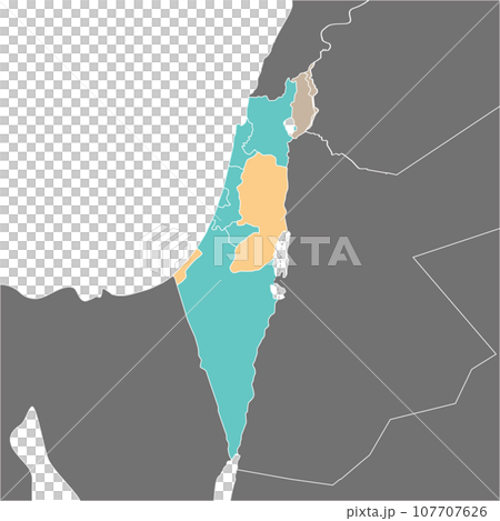 イスラエルの各地区とパレスチナ自治区、ゴラン高原の地図、周辺国 107707626