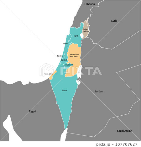 イスラエルの各地区とパレスチナ自治区、ゴラン高原の地図、周辺国、英語の地名入りのイラスト素材 [107707627] - PIXTA