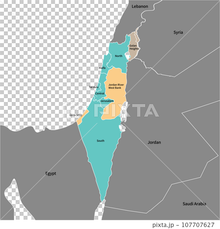 Map of Israel's districts, Palestinian territories, and the Golan Heights, with surrounding countries and English place names 107707627