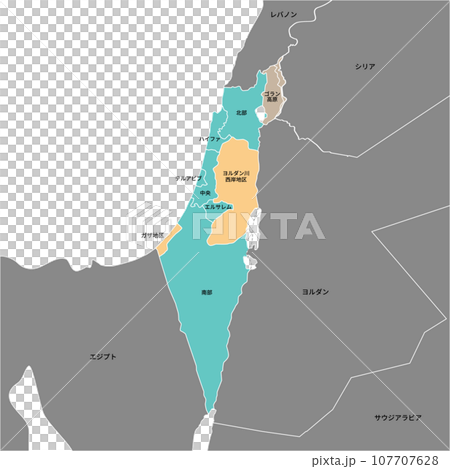 Map of each district of Israel, the Palestinian Authority, and the Golan Heights, surrounding countries, and place names in Japanese. 107707628