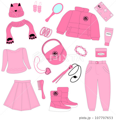 Barbiecore set with pink clothes and other accessories. Season autumn winter cold season. Vector illustration EPS10 107707653