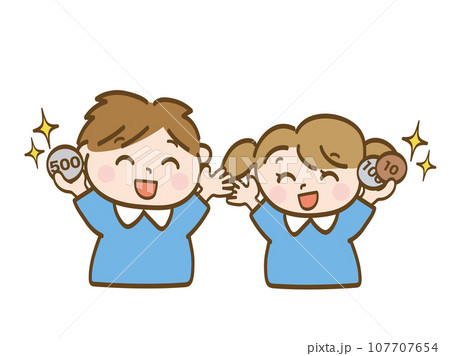 お小遣いをもらって大喜びの男の子と女の子_保育園児の兄妹 107707654