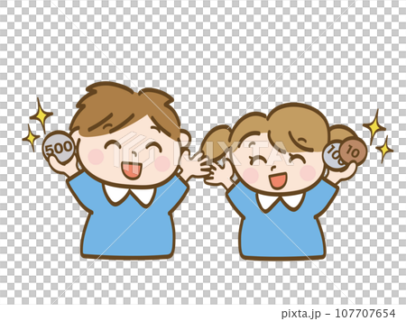 お小遣いをもらって大喜びの男の子と女の子_保育園児の兄妹 107707654
