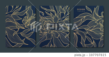Vector japanese leaves art deco patterns. Floral golden elements template in vintage style. Luxury black line covers, flyers, brochures, packaging design, social media post, banners. 107707815