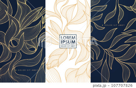 Set of vector design elements labels, frames, wedding invitations, social net stories, packaging, luxury products, perfume, soap, wine. Line golden backgrounds, floral patterns with leaves Set of vector design elements labels, frames, wedding invitations, social net stories, packaging, luxury products, perfume, soap, wine. Line golden backgrounds, floral patterns with leaves 107707826