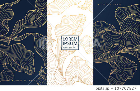 Set of vector design elements labels, frames, wedding invitations, social net stories, packaging, luxury products, perfume, soap, wine. Line golden backgrounds, floral patterns with leaves 107707827