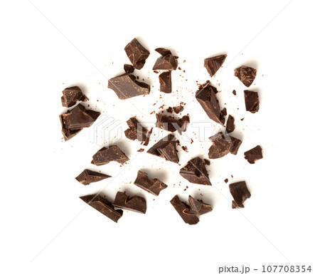 Grated Chocolate Pile Isolated, Crushed Chocolate Shavings, Crumbs, Scattered Flakes, Cocoa Sprinkles 107708354