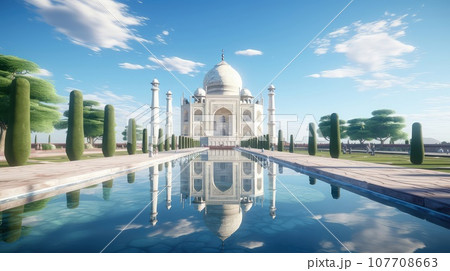 The Taj Mahal at sunrise ultra realistic illustration - Generative AI. 107708663