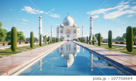 The Taj Mahal at sunrise ultra realistic illustration - Generative AI. 107708664