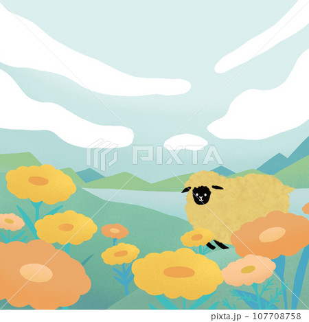 草原と羊 107708758
