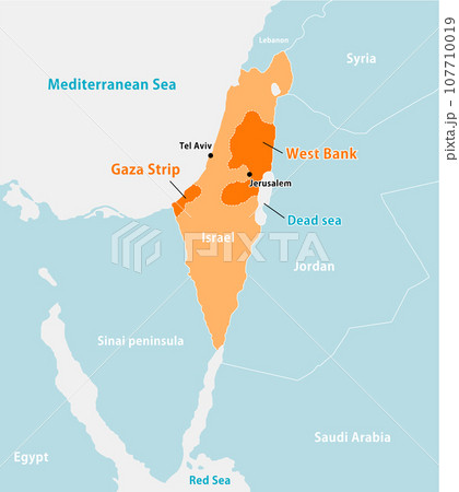 パレスチナ問題 (イスラエル・パレスチナ・ガザ地区) ベクターマップイラスト (英語) 107710019
