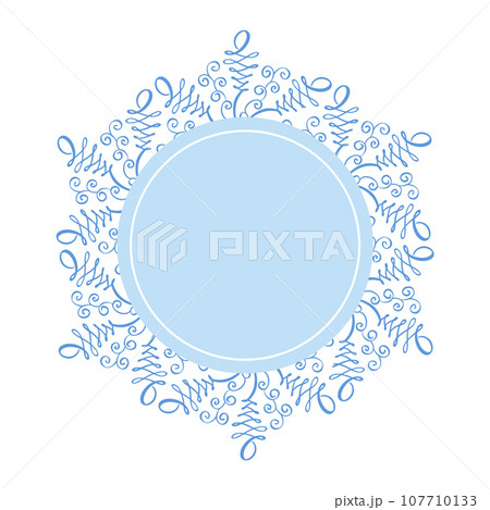 Round Christmas winter decorative snowflake round frame with empty blue center, decorated for greeting card, invitation, web design 107710133