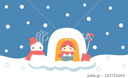 カマクラと雪ダルマの冬をイメージしたイラスト　アスペクト比16：9バージョン 107710264
