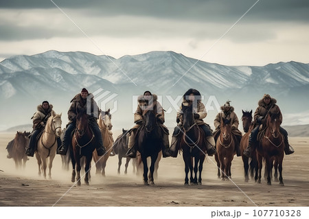 Ethnic Mongols in the steppe on horseback. Neural network AI generated 107710328