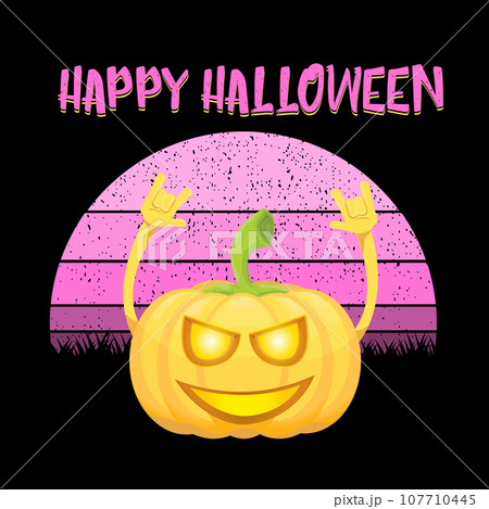 vector Halloween funky rock n roll style cartoon carved pumpkin character isolated on sunset background. Happy halloween party concept poster vector Halloween funky rock n roll style cartoon carved pumpkin character isolated on sunset background. Happy halloween party concept poster 107710445