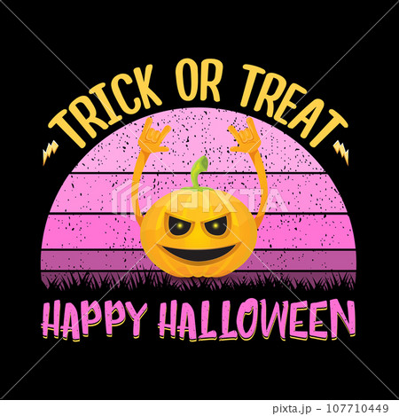 vector Halloween funky rock n roll style cartoon carved pumpkin character isolated on sunset background. Happy halloween party concept poster 107710449