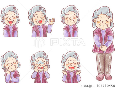パステル調の人物_高齢女性_おばあちゃん_表情セット 107710450