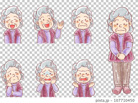パステル調の人物_高齢女性_おばあちゃん_表情セット 107710450