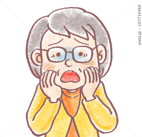 パステル調の人物_年配女性_メガネのおばあちゃん_青ざめる 107710460
