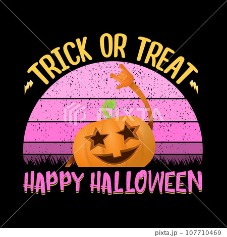 vector Halloween funky rock n roll style cartoon carved pumpkin character isolated on sunset background. Happy halloween party concept poster vector Halloween funky rock n roll style cartoon carved pumpkin character isolated on sunset background. Happy halloween party concept poster 107710469