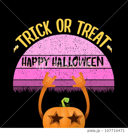 vector Halloween funky rock n roll style cartoon carved pumpkin character isolated on sunset background. Happy halloween party concept poster vector Halloween funky rock n roll style cartoon carved pumpkin character isolated on sunset background. Happy halloween party concept poster 107710471