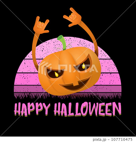 vector Halloween funky rock n roll style cartoon carved pumpkin character isolated on sunset background. Happy halloween party concept poster vector Halloween funky rock n roll style cartoon carved pumpkin character isolated on sunset background. Happy halloween party concept poster 107710475
