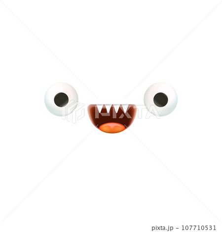 Vector funny pink monster face with open mouth with fangs and eyes isolated on white background. Halloween cute and funky monster design template for poster, banner and tee print Vector funny pink monster face with open mouth with fangs and eyes isolated on white background. Halloween cute and funky monster design template for poster, banner and tee print 107710531