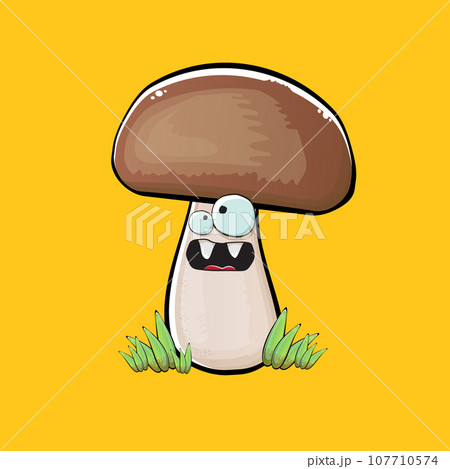 Cartoon mushroom characters isolated on orange background. Funky boletus character with eyes and mouth. Vector white mushroom with brown cap clip art, emoji, label and sticker Cartoon mushroom characters isolated on orange background. Funky boletus character with eyes and mouth. Vector white mushroom with brown cap clip art, emoji, label and sticker 107710574