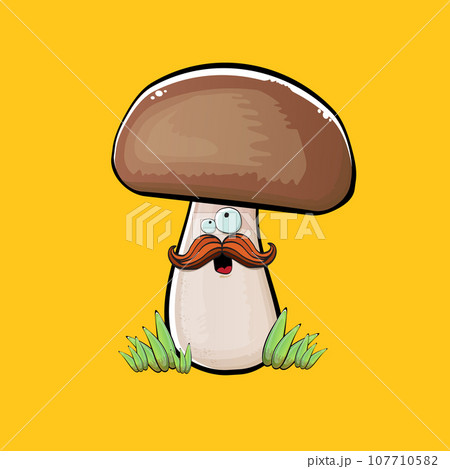 Cartoon mushroom characters isolated on orange background. Funky boletus character with eyes and mouth. Vector white mushroom with brown cap clip art, emoji, label and sticker Cartoon mushroom characters isolated on orange background. Funky boletus character with eyes and mouth. Vector white mushroom with brown cap clip art, emoji, label and sticker 107710582