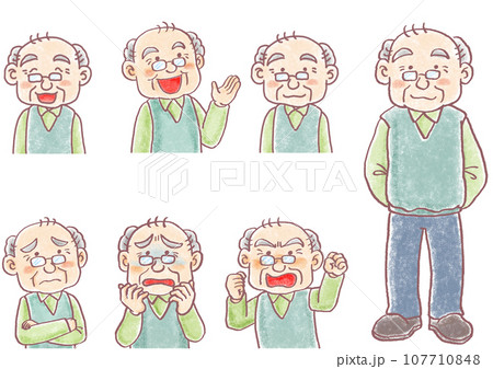 パステル調の人物_高齢男性_おじいちゃん_表情色々セット 107710848