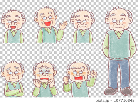 パステル調の人物_高齢男性_おじいちゃん_表情色々セット 107710848