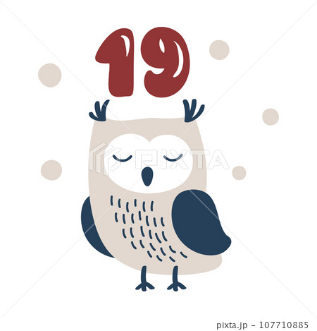 Christmas advent calendar with hand drawn owl. Day nineteen 19. Scandinavian style poster. Cute winter illustration for card, poster, kid room decor, nursery art 107710885
