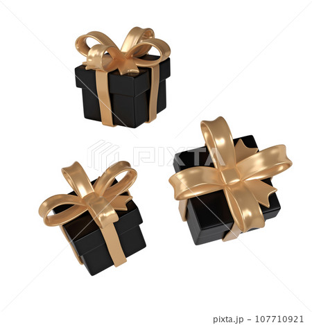 3d black Friday three gift boxes icon with golden ribbon bow on white background. Render Shop Sale modern holiday. Realistic icon for present shopping banner or poster 3d black Friday three gift boxes icon with golden ribbon bow on white background. Render Shop Sale modern holiday. Realistic icon for present shopping banner or poster 107710921